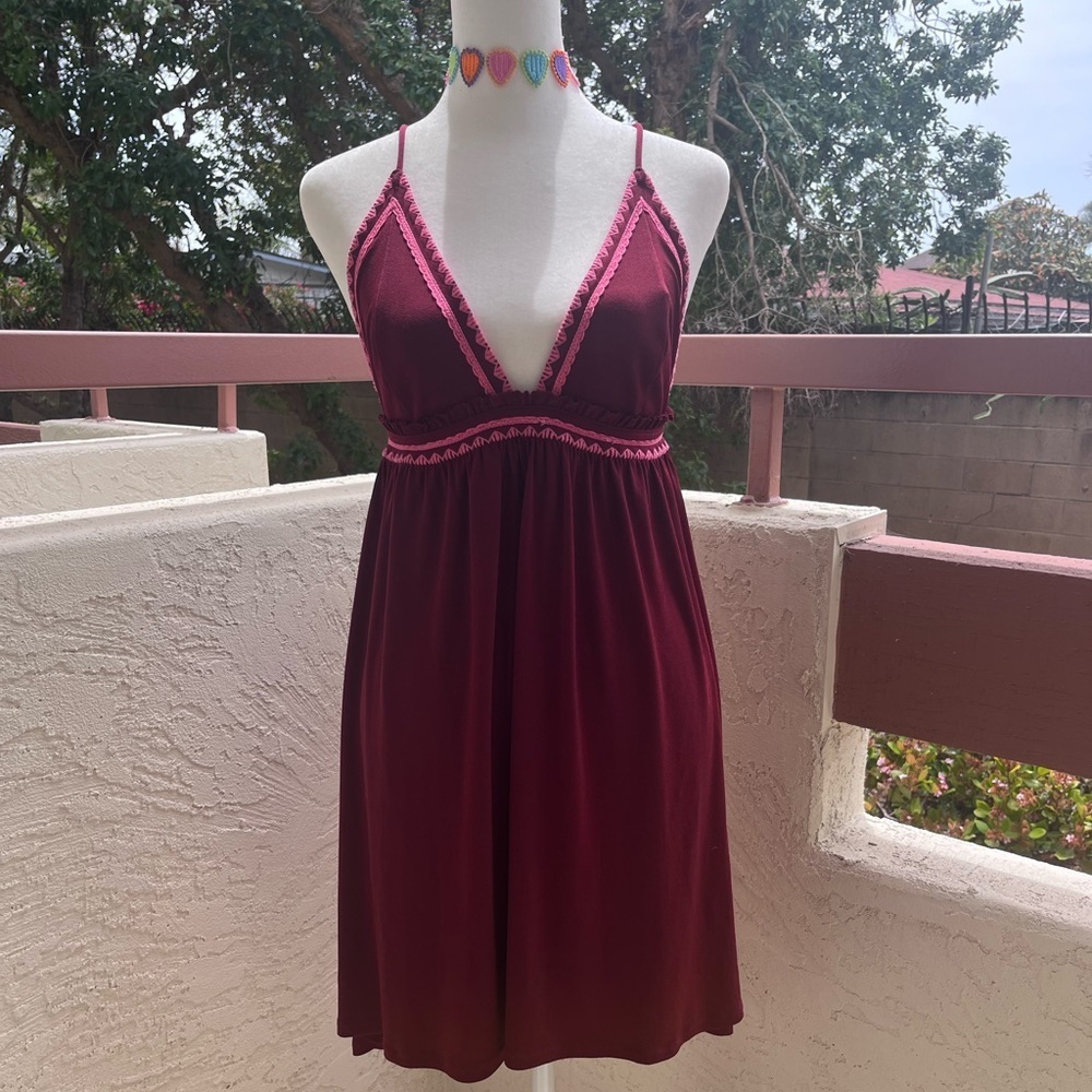 Express Halter Mini Dress – Burgundy Boho with Pink Embroidery